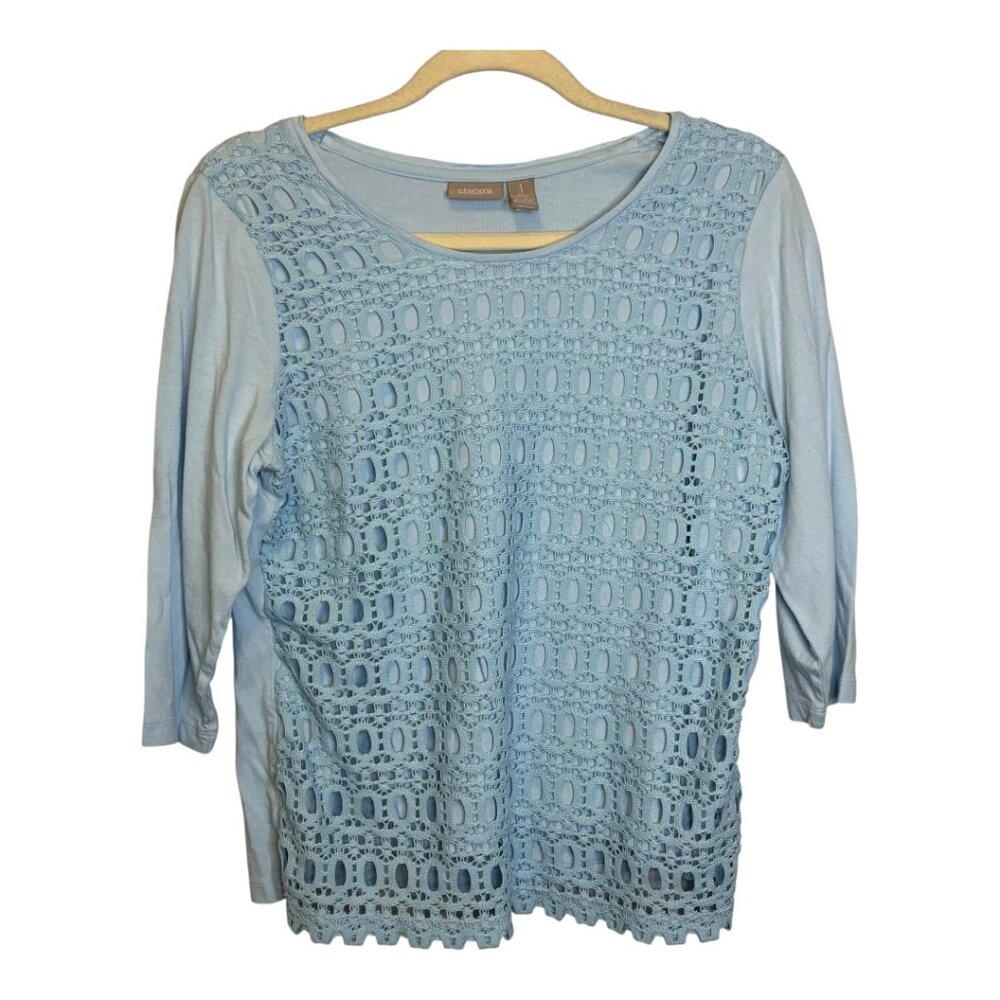 Chico's Blouse Women's Size‎ Medium Lace 3/4 Sleeves Blue Chicos 1